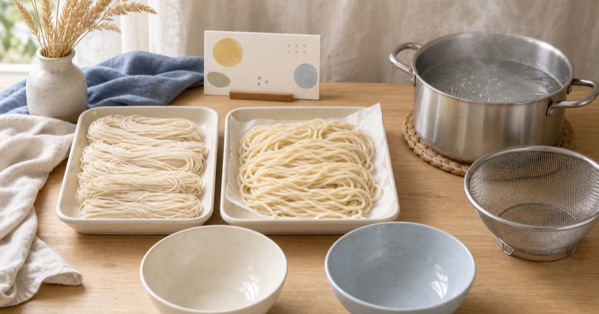 乾麺と半生麺、鍋、ざる、器を並べて茹で方と保存を比べる様子